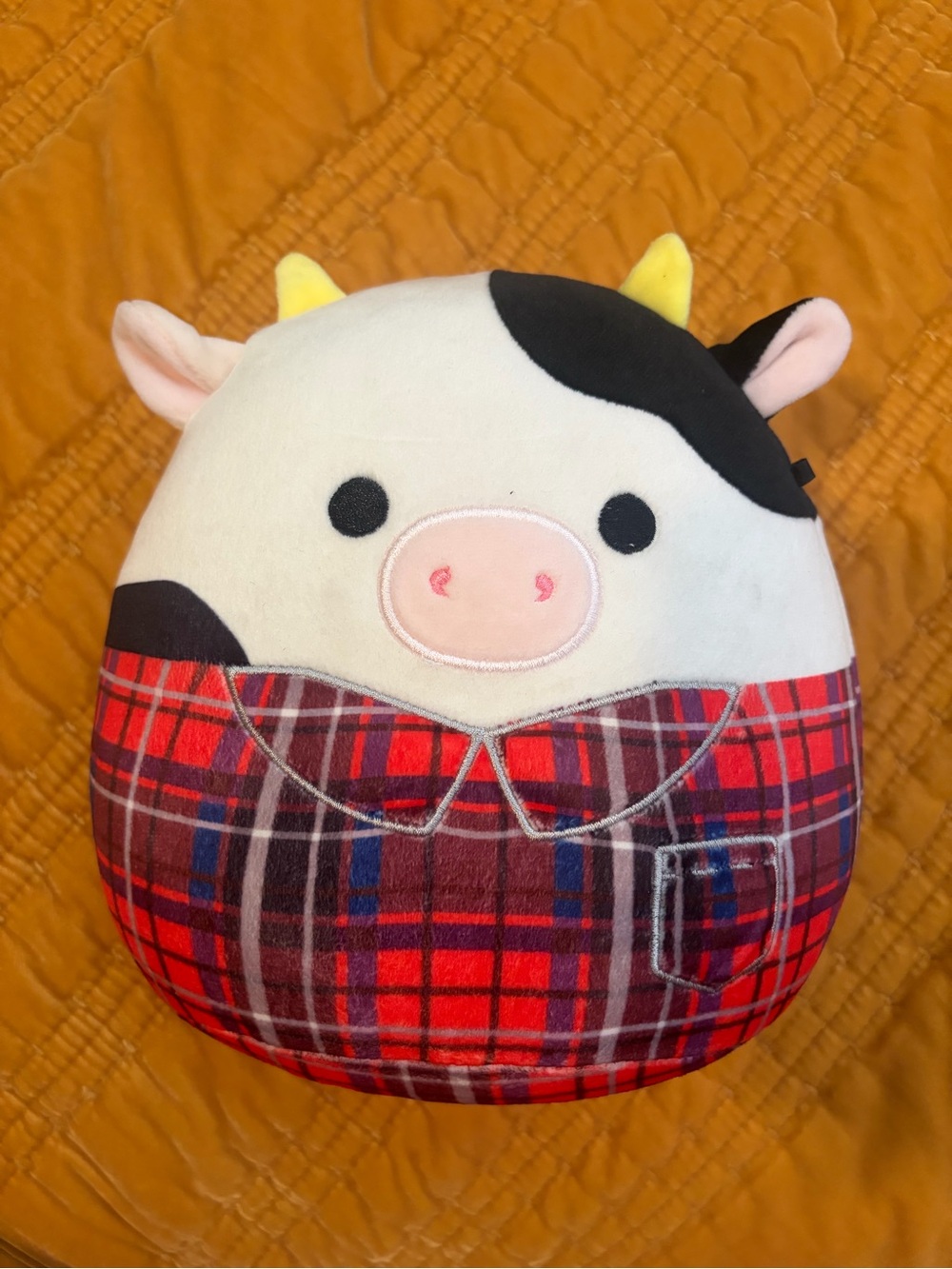Cow Plush Accent Pillow in White, Black and Red Plaid